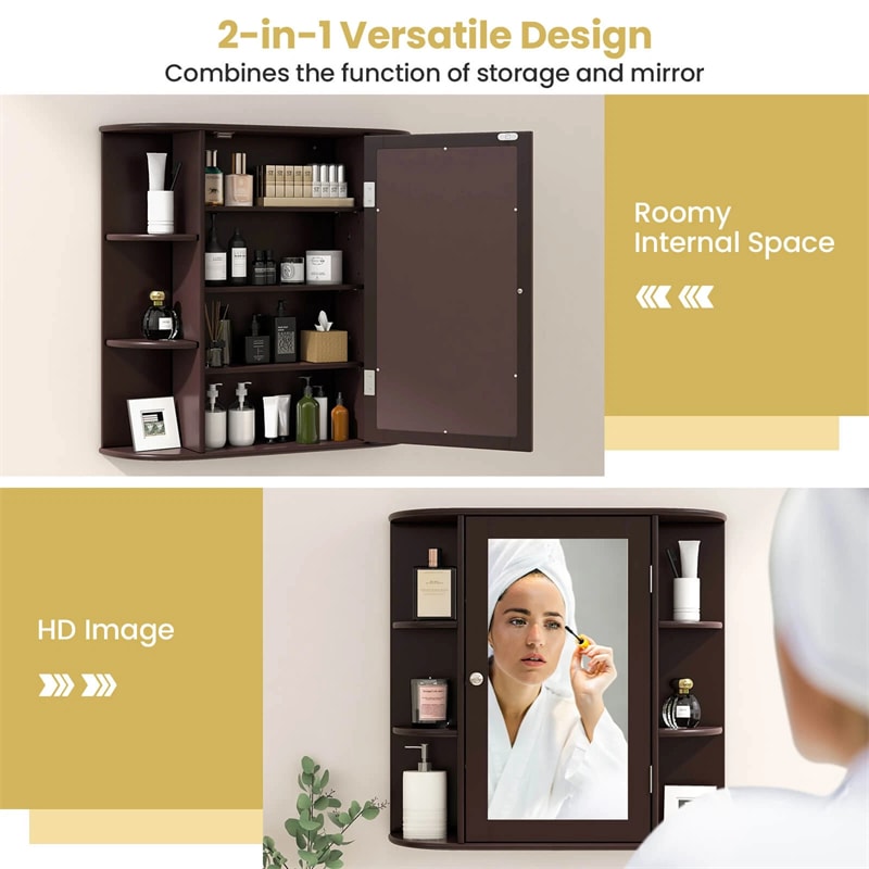 Mirrored Bathroom Storage Cabinet Wall Mounted Hanging Medicine Cabinet Over Toilet with Single Door, 3 Adjustable Shelves