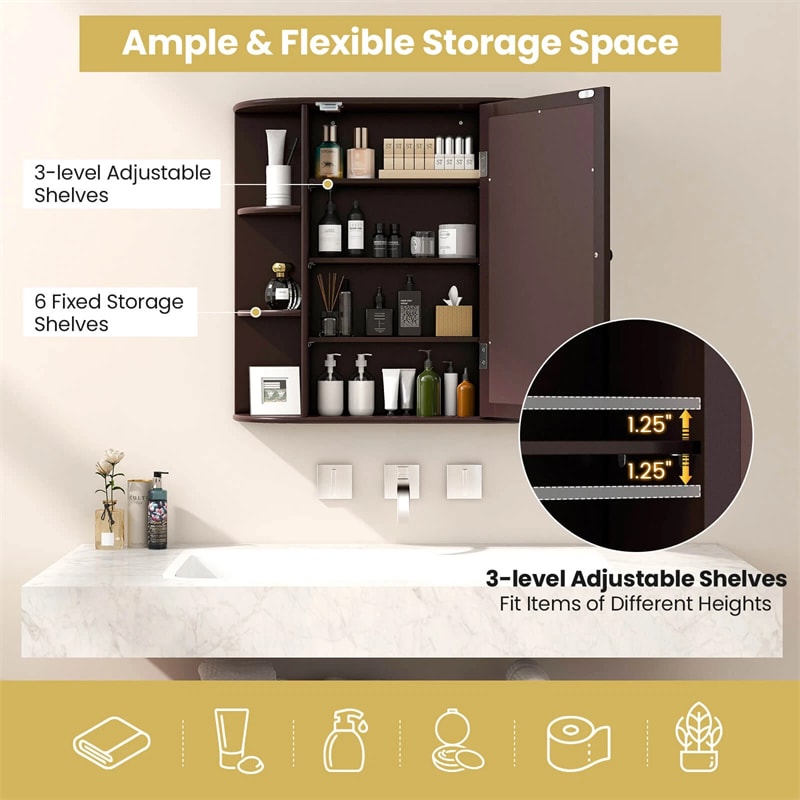 Mirrored Bathroom Storage Cabinet Wall Mounted Hanging Medicine Cabinet Over Toilet with Single Door, 3 Adjustable Shelves