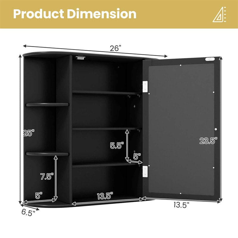 Mirrored Bathroom Storage Cabinet Wall Mounted Hanging Medicine Cabinet Over Toilet with Single Door, 3 Adjustable Shelves