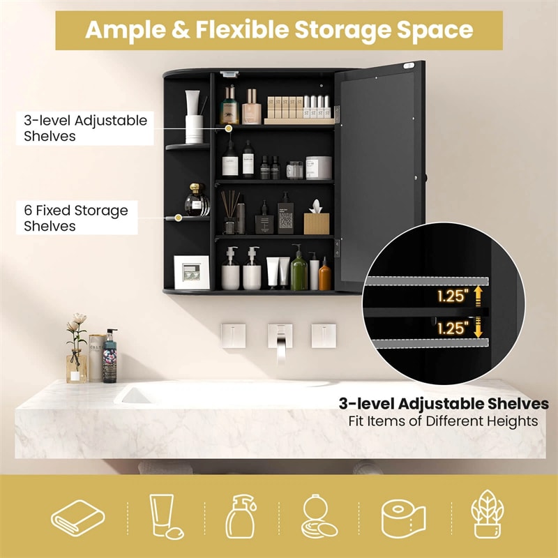 Mirrored Bathroom Storage Cabinet Wall Mounted Hanging Medicine Cabinet Over Toilet with Single Door, 3 Adjustable Shelves