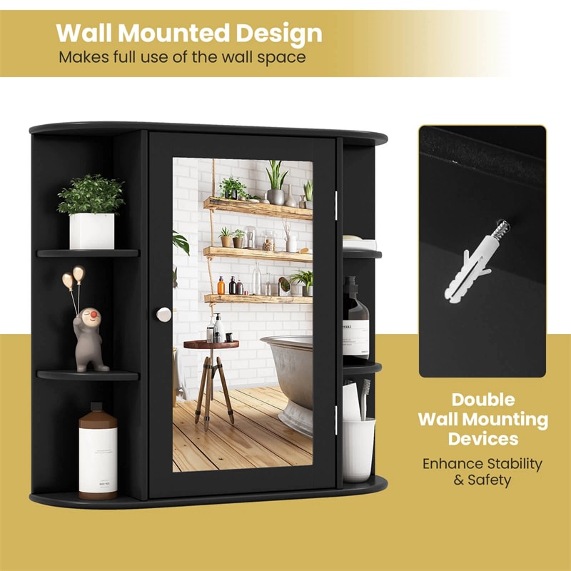 Mirrored Bathroom Storage Cabinet Wall Mounted Hanging Medicine Cabinet Over Toilet with Single Door, 3 Adjustable Shelves