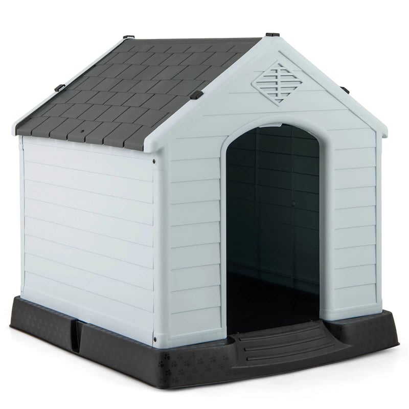 Waterproof Plastic Dog House with Elevated Floor & Air Vents for Small & Medium Dogs, Indoor Outdoor Dog Kennel Cat House Feeding Station