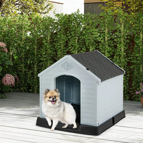 Waterproof Plastic Dog House with Elevated Floor & Air Vents for Small & Medium Dogs, Indoor Outdoor Dog Kennel Cat House Feeding Station