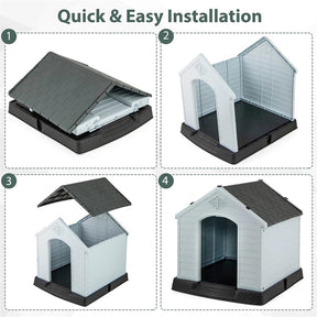 Waterproof Plastic Dog House with Elevated Floor & Air Vents for Small & Medium Dogs, Indoor Outdoor Dog Kennel Cat House Feeding Station