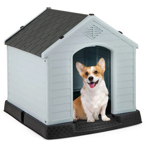 Waterproof Plastic Dog House with Elevated Floor & Air Vents for Small & Medium Dogs, Indoor Outdoor Dog Kennel Cat House Feeding Station