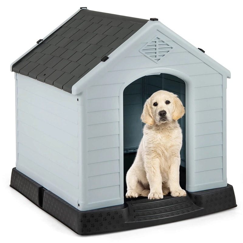 Waterproof Plastic Dog House with Elevated Floor & Air Vents for Small & Medium Dogs, Indoor Outdoor Dog Kennel Cat House Feeding Station