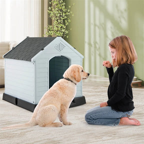 Waterproof Plastic Dog House with Elevated Floor & Air Vents for Small & Medium Dogs, Indoor Outdoor Dog Kennel Cat House Feeding Station