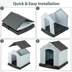 Waterproof Plastic Dog House with Elevated Floor & Air Vents for Small & Medium Dogs, Indoor Outdoor Dog Kennel Cat House Feeding Station