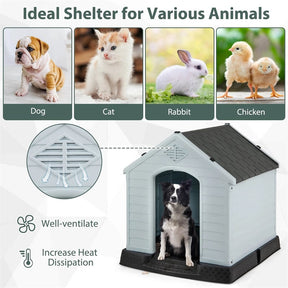 Waterproof Plastic Dog House with Elevated Floor & Air Vents for Small & Medium Dogs, Indoor Outdoor Dog Kennel Cat House Feeding Station