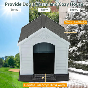 Waterproof Plastic Dog House with Elevated Floor & Air Vents for Small & Medium Dogs, Indoor Outdoor Dog Kennel Cat House Feeding Station