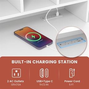 48" Home Office Desk with Power Outlets, USB & Type-C Charging Station, Modern Writing Desk w/ 5-Cubby Hutch & Drawers for Study Makeup Vanity