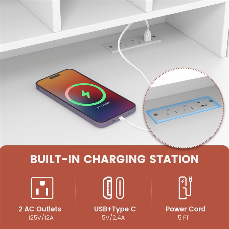 48" Home Office Desk with Power Outlets, USB & Type-C Charging Station, Modern Writing Desk w/ 5-Cubby Hutch & Drawers for Study Makeup Vanity