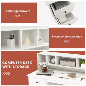 48" Home Office Desk with Power Outlets, USB & Type-C Charging Station, Modern Writing Desk w/ 5-Cubby Hutch & Drawers for Study Makeup Vanity