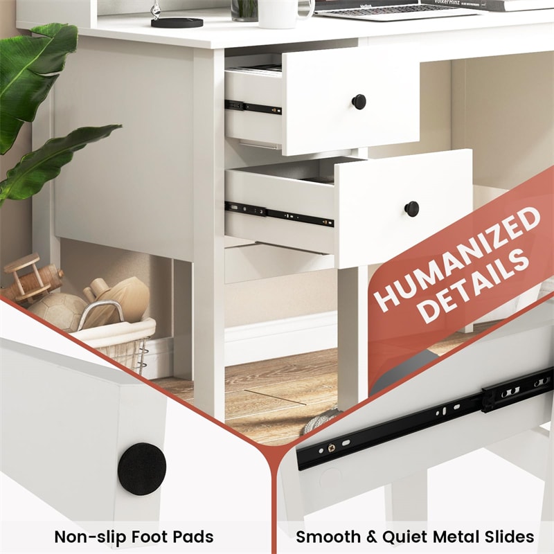 48" Home Office Desk with Power Outlets, USB & Type-C Charging Station, Modern Writing Desk w/ 5-Cubby Hutch & Drawers for Study Makeup Vanity