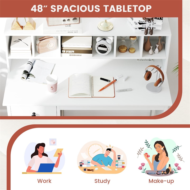 48" Home Office Desk with Power Outlets, USB & Type-C Charging Station, Modern Writing Desk w/ 5-Cubby Hutch & Drawers for Study Makeup Vanity