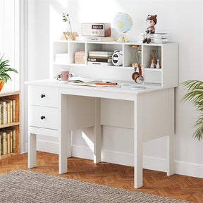 48" Home Office Desk with Power Outlets, USB & Type-C Charging Station, Modern Writing Desk w/ 5-Cubby Hutch & Drawers for Study Makeup Vanity