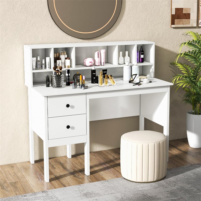 48" Home Office Desk with Power Outlets, USB & Type-C Charging Station, Modern Writing Desk w/ 5-Cubby Hutch & Drawers for Study Makeup Vanity