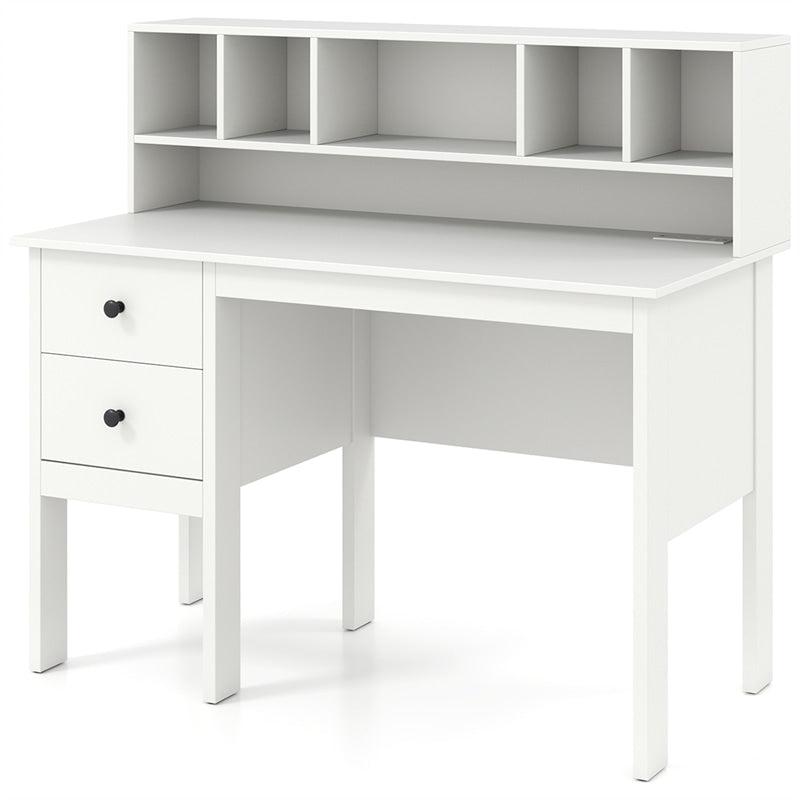 48" Home Office Desk with Power Outlets, USB & Type-C Charging Station, Modern Writing Desk w/ 5-Cubby Hutch & Drawers for Study Makeup Vanity