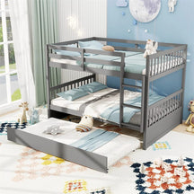 Full Over Full Bunk Bed with Trundle, Solid Wood Frame & Guardrails/Ladder, Space-Saving Bunk Bed for Adults Kids Teens, No Box Spring Needed