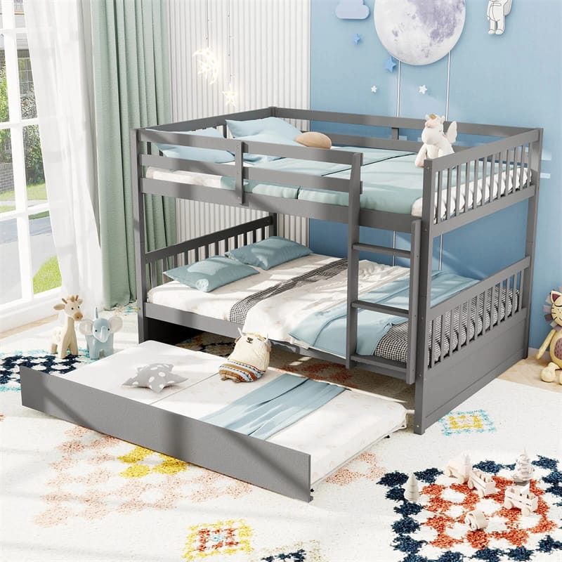 Full Over Full Bunk Bed with Trundle, Solid Wood Frame & Guardrails/Ladder, Space-Saving Bunk Bed for Adults Kids Teens, No Box Spring Needed