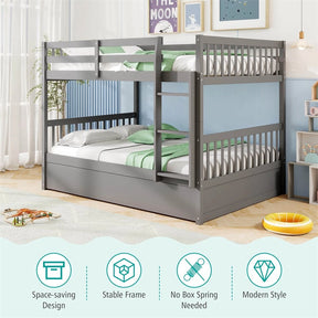 Full Over Full Bunk Bed with Trundle, Solid Wood Frame & Guardrails/Ladder, Space-Saving Bunk Bed for Adults Kids Teens, No Box Spring Needed