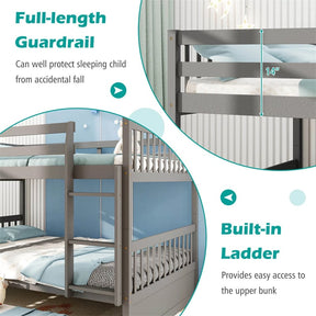 Full Over Full Bunk Bed with Trundle, Solid Wood Frame & Guardrails/Ladder, Space-Saving Bunk Bed for Adults Kids Teens, No Box Spring Needed