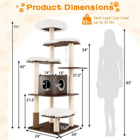 69" Tall Cat Tree, Modern Wood Cat Tower with Multi-Level Platforms, Sisal Scratching Posts & Washable Cushions for Large Cats up to 20 lbs