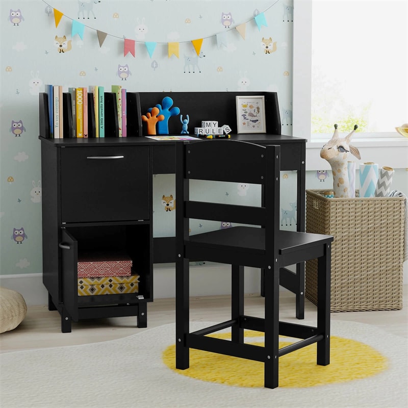 Wooden Kids Desk and Chair Set with Hutch, Storage Drawer & Cabinet, Children School Study Table Writing Computer Workstation for Ages 3-8