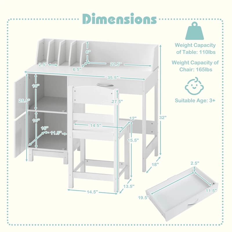 Wooden Kids Desk and Chair Set with Hutch, Storage Drawer & Cabinet, Children School Study Table Writing Computer Workstation for Ages 3-8