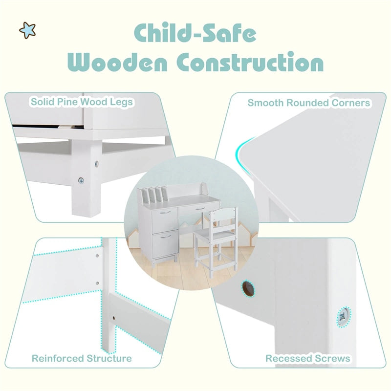 Wooden Kids Desk and Chair Set with Hutch, Storage Drawer & Cabinet, Children School Study Table Writing Computer Workstation for Ages 3-8