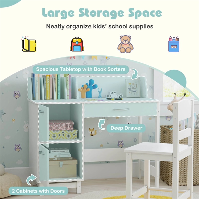 Wooden Kids Desk and Chair Set with Hutch, Storage Drawer & Cabinet, Children School Study Table Writing Computer Workstation for Ages 3-8