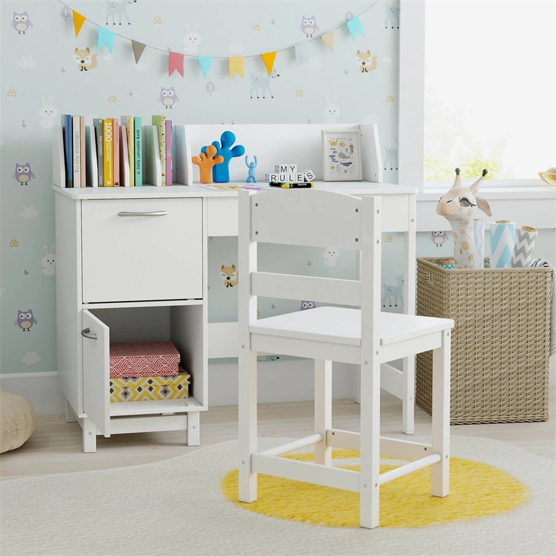 Wooden Kids Desk and Chair Set with Hutch, Storage Drawer & Cabinet, Children School Study Table Writing Computer Workstation for Ages 3-8