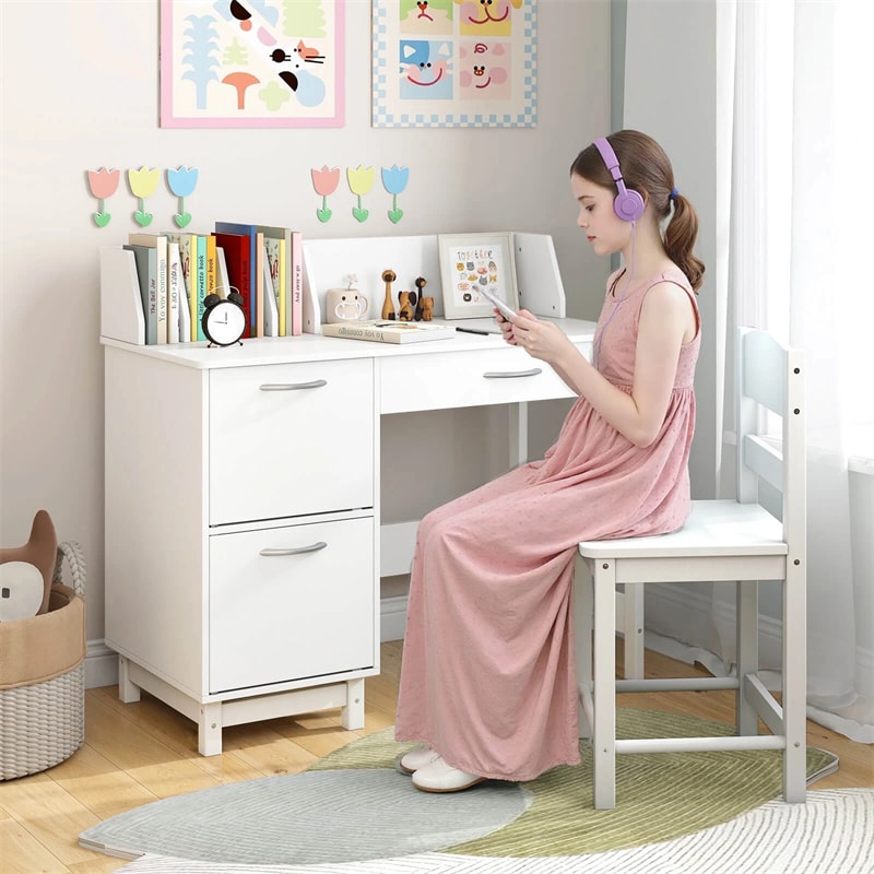 Wooden Kids Desk and Chair Set with Hutch, Storage Drawer & Cabinet, Children School Study Table Writing Computer Workstation for Ages 3-8
