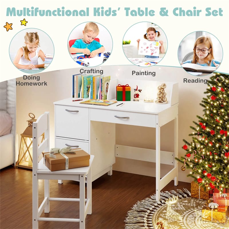 Wooden Kids Desk and Chair Set with Hutch, Storage Drawer & Cabinet, Children School Study Table Writing Computer Workstation for Ages 3-8