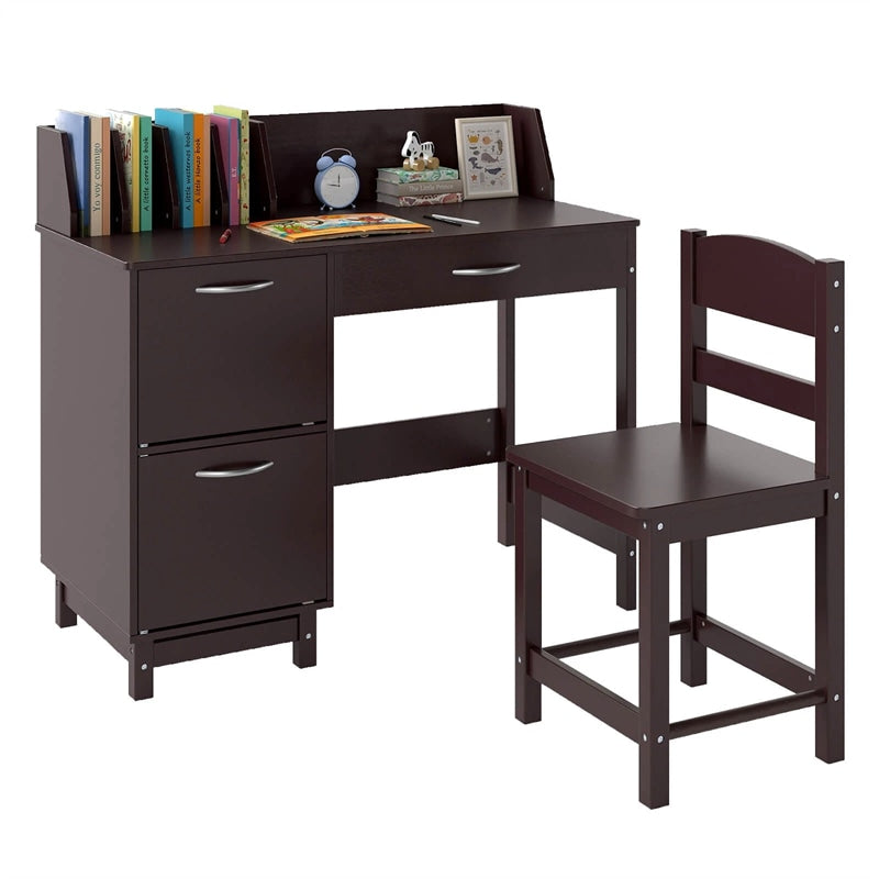 Wooden Kids Desk and Chair Set with Hutch, Storage Drawer & Cabinet, Children School Study Table Writing Computer Workstation for Ages 3-8