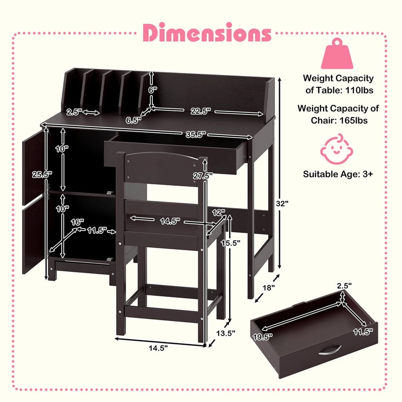 Wooden Kids Desk and Chair Set with Hutch, Storage Drawer & Cabinet, Children School Study Table Writing Computer Workstation for Ages 3-8