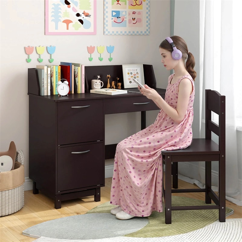 Wooden Kids Desk and Chair Set with Hutch, Storage Drawer & Cabinet, Children School Study Table Writing Computer Workstation for Ages 3-8