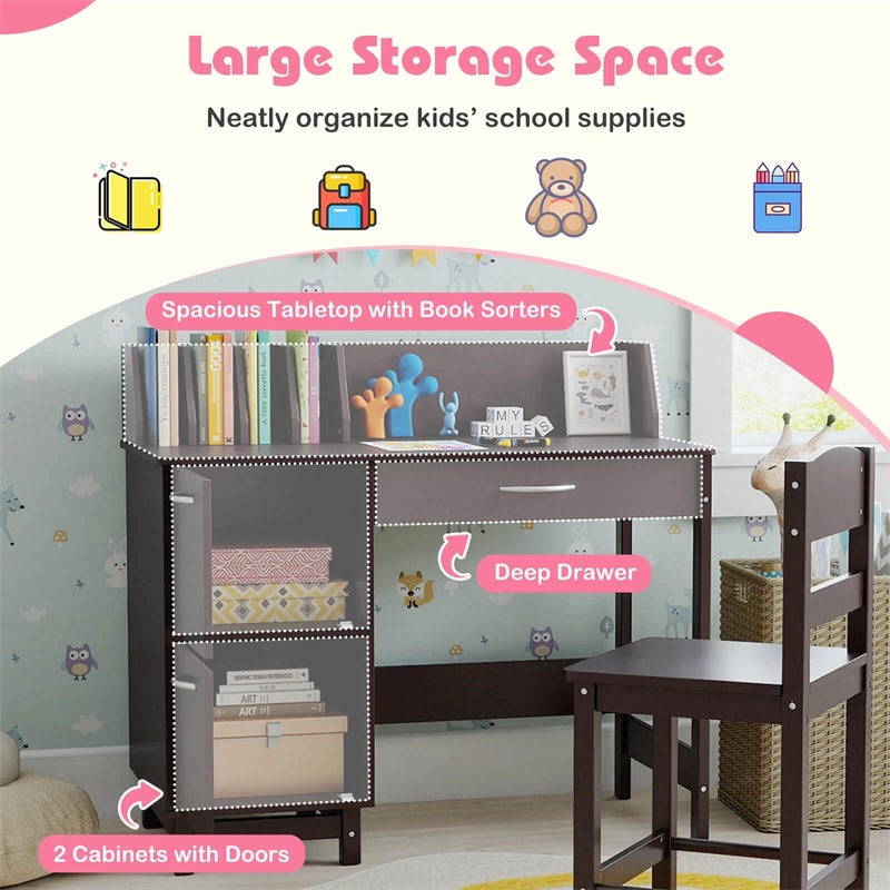 Wooden Kids Desk and Chair Set with Hutch, Storage Drawer & Cabinet, Children School Study Table Writing Computer Workstation for Ages 3-8