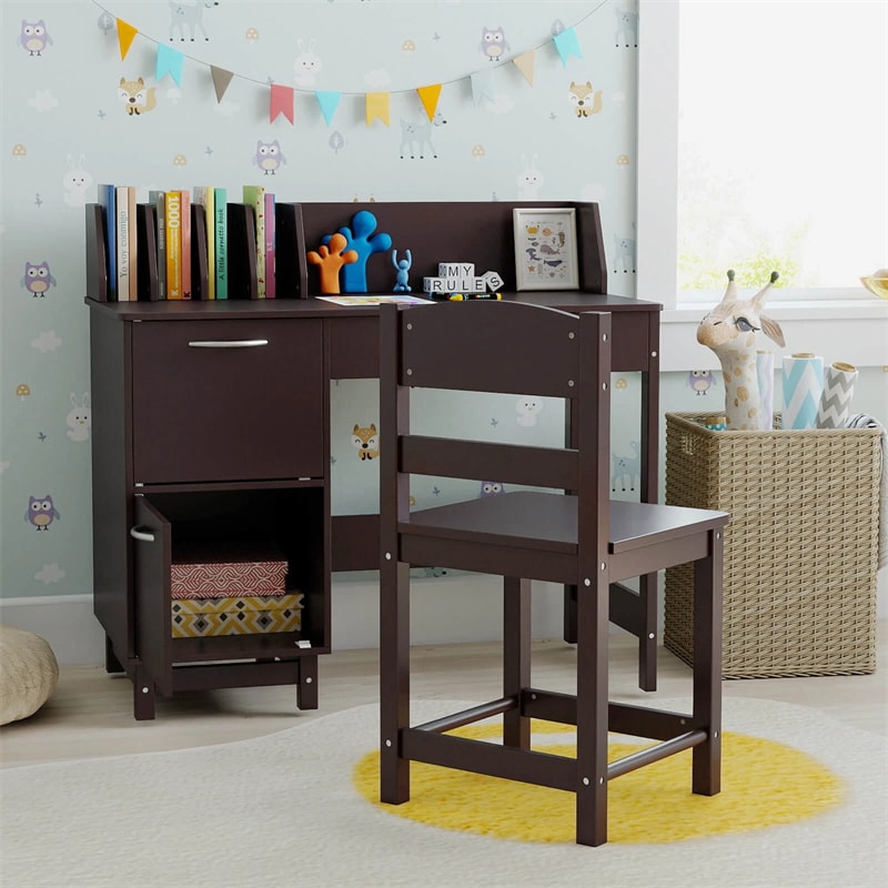 Wooden Kids Desk and Chair Set with Hutch, Storage Drawer & Cabinet, Children School Study Table Writing Computer Workstation for Ages 3-8