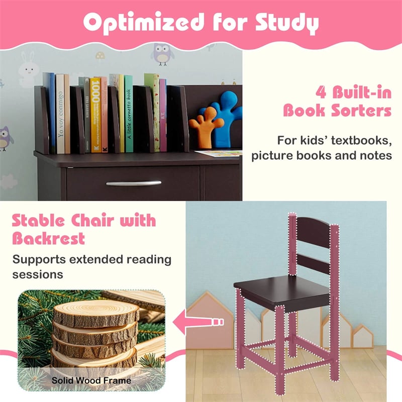 Wooden Kids Desk and Chair Set with Hutch, Storage Drawer & Cabinet, Children School Study Table Writing Computer Workstation for Ages 3-8