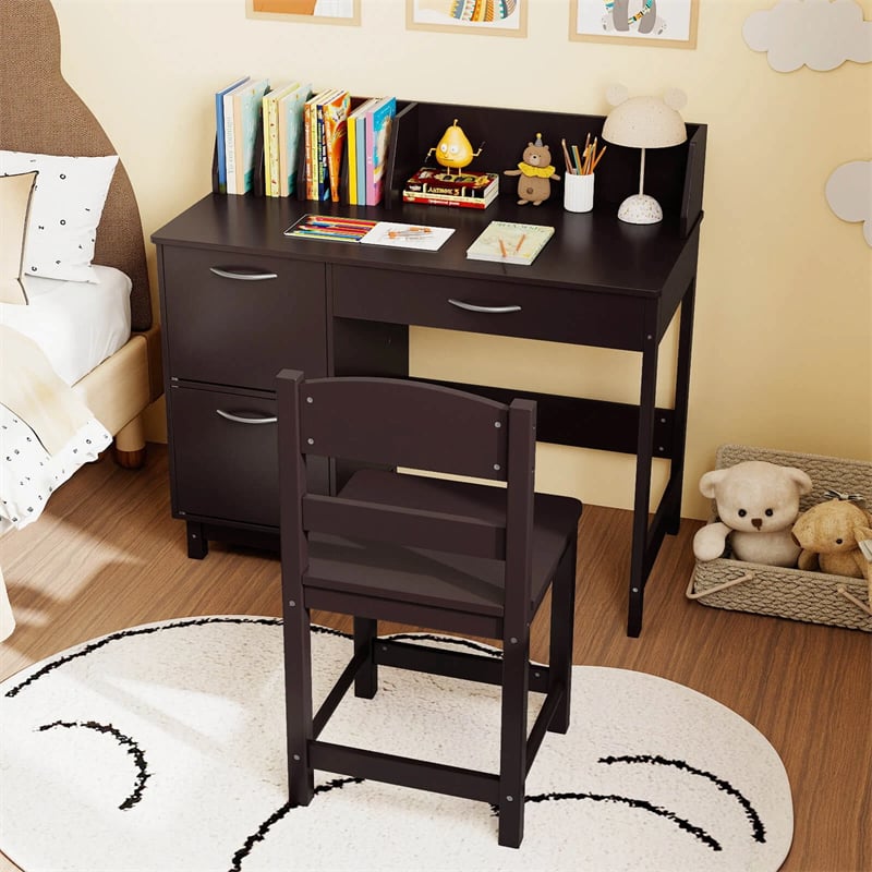 Wooden Kids Desk and Chair Set with Hutch, Storage Drawer & Cabinet, Children School Study Table Writing Computer Workstation for Ages 3-8