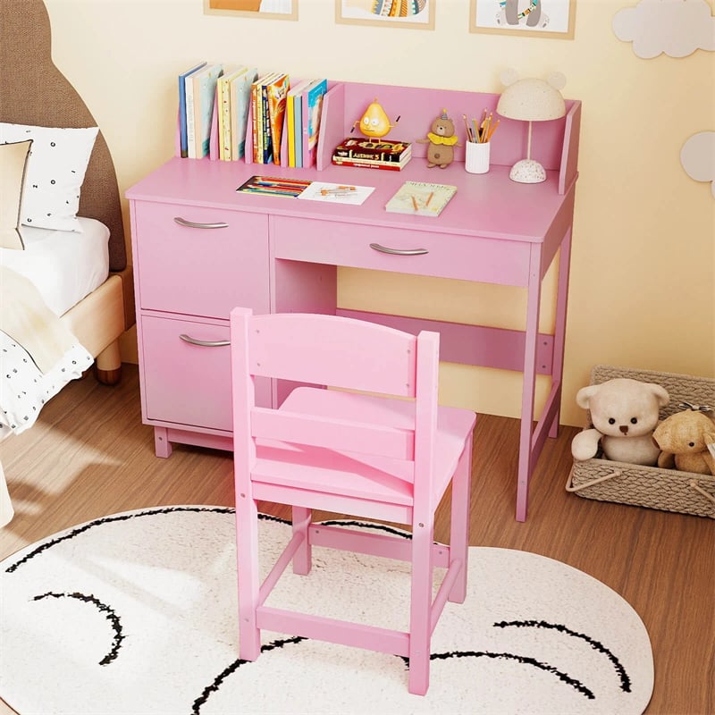 Wooden Kids Desk and Chair Set with Hutch, Storage Drawer & Cabinet, Children School Study Table Writing Computer Workstation for Ages 3-8