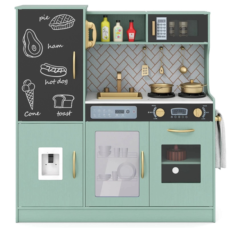 Large Wooden Kids Kitchen Playset, Little Chef Pretend Toy Kitchen Set w/Chalkboard, Microwave, Real Sounds & Lights for Toddlers Age 3+