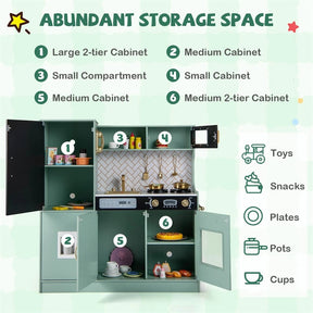 Large Wooden Kids Kitchen Playset, Little Chef Pretend Toy Kitchen Set w/Chalkboard, Microwave, Real Sounds & Lights for Toddlers Age 3+