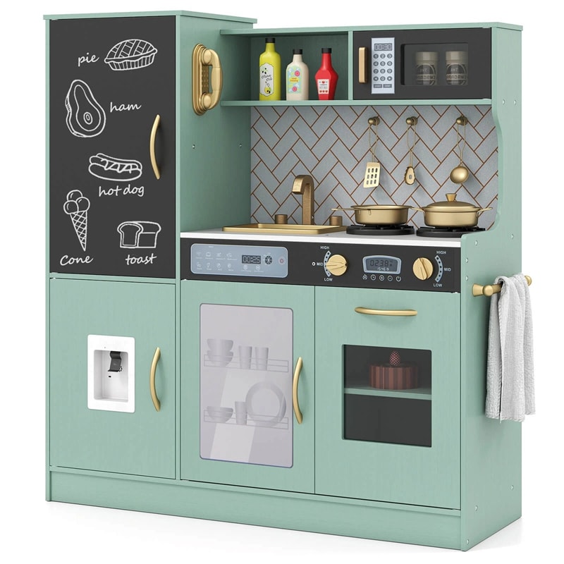 Large Wooden Kids Kitchen Playset, Little Chef Pretend Toy Kitchen Set w/Chalkboard, Microwave, Real Sounds & Lights for Toddlers Age 3+