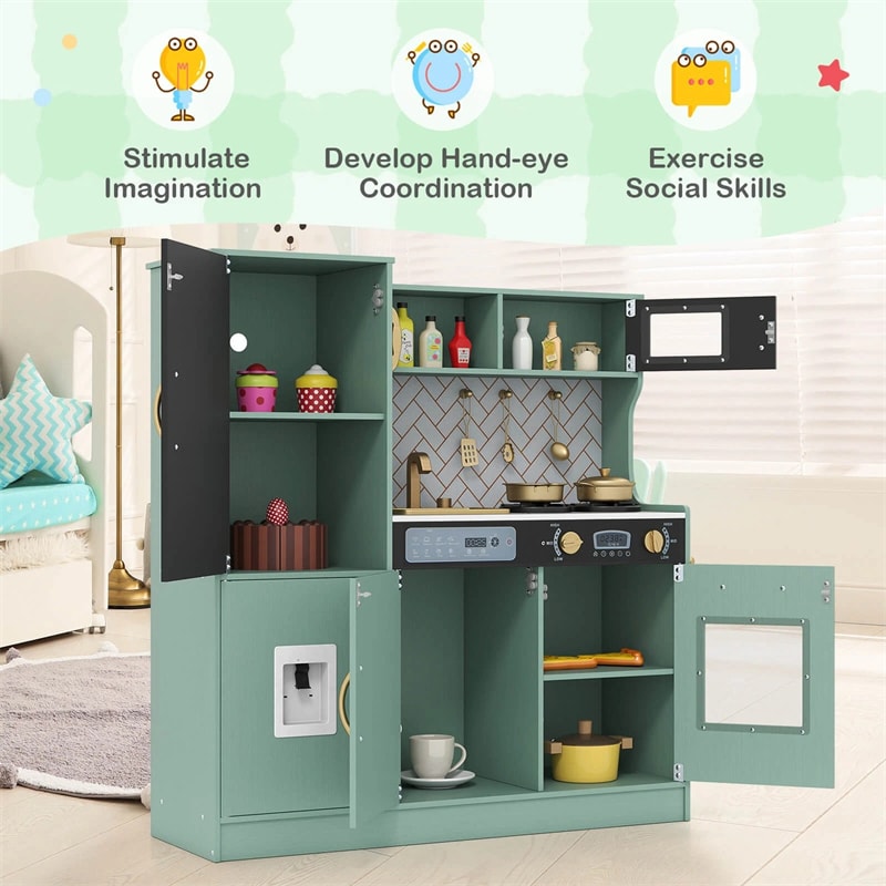 Large Wooden Kids Kitchen Playset, Little Chef Pretend Toy Kitchen Set w/Chalkboard, Microwave, Real Sounds & Lights for Toddlers Age 3+