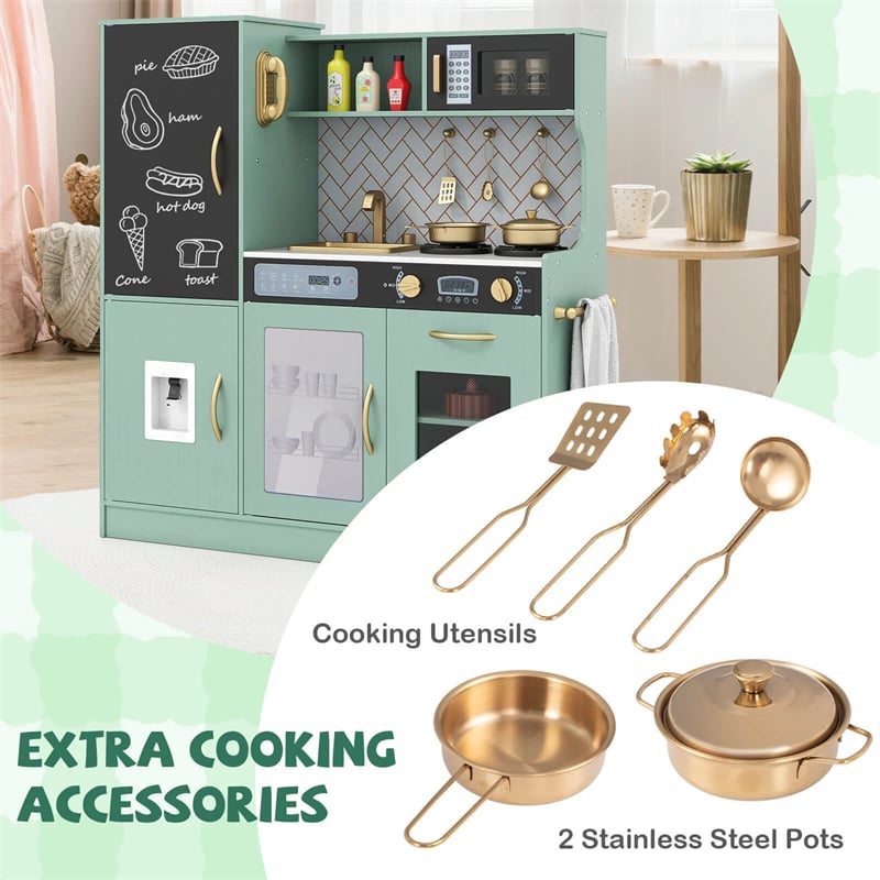 Large Wooden Kids Kitchen Playset, Little Chef Pretend Toy Kitchen Set w/Chalkboard, Microwave, Real Sounds & Lights for Toddlers Age 3+