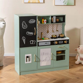Large Wooden Kids Kitchen Playset, Little Chef Pretend Toy Kitchen Set w/Chalkboard, Microwave, Real Sounds & Lights for Toddlers Age 3+