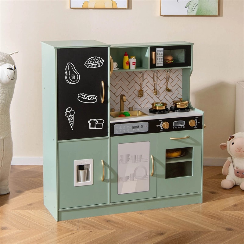 Large Wooden Kids Kitchen Playset, Little Chef Pretend Toy Kitchen Set w/Chalkboard, Microwave, Real Sounds & Lights for Toddlers Age 3+