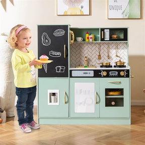 Large Wooden Kids Kitchen Playset, Little Chef Pretend Toy Kitchen Set w/Chalkboard, Microwave, Real Sounds & Lights for Toddlers Age 3+